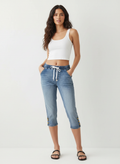 Stretch denim capri jeans met elastische taille voor dames in lichtblauw