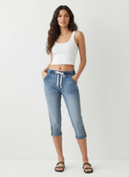 Stretch denim capri jeans met elastische taille voor dames in lichtblauw