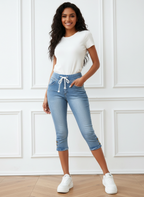 Stretch denim capri jeans met elastische taille voor dames