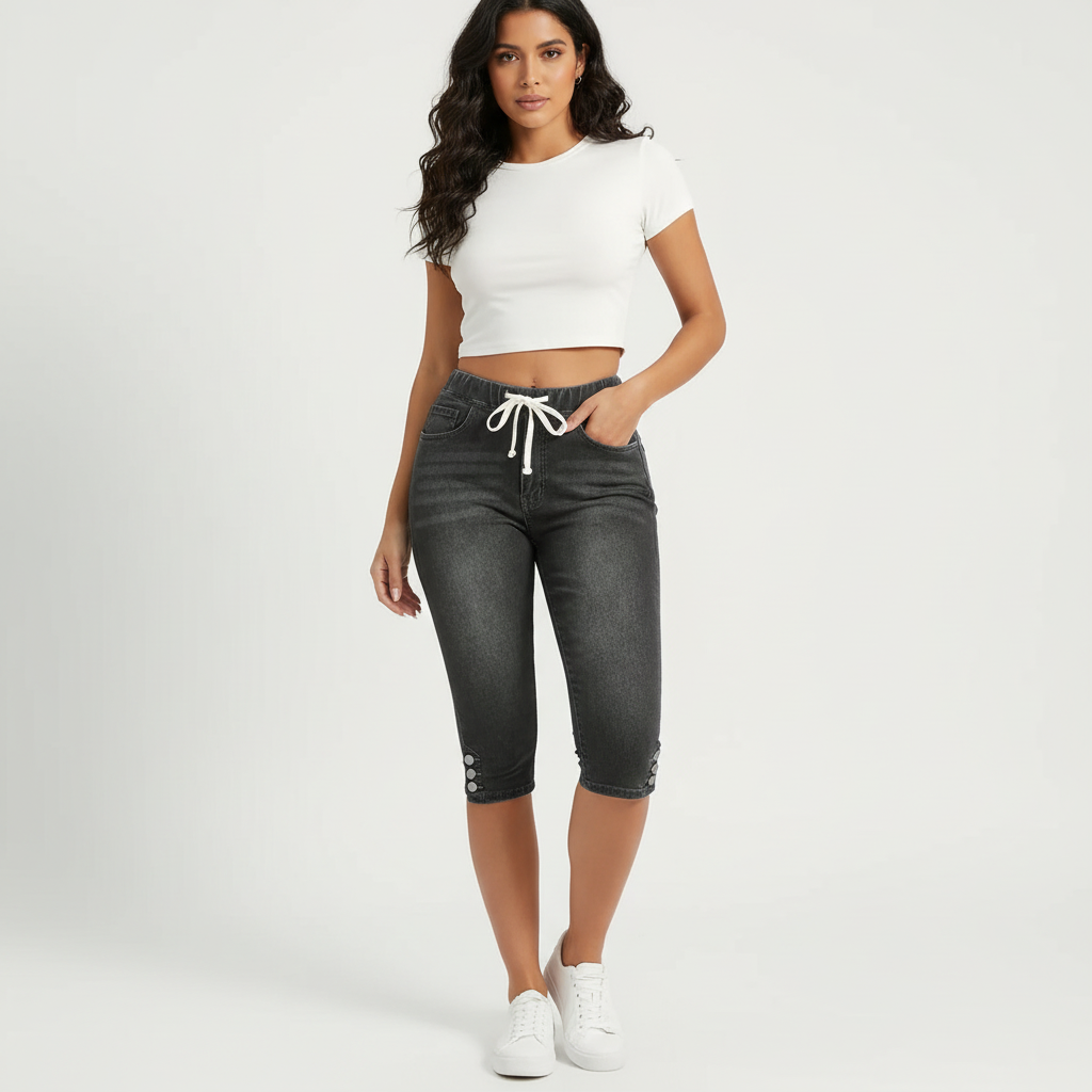 Stretch denim capri jeans met elastische taille voor dames in grijs