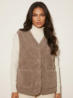 Teddy gilet met V-hals en voorzakken voor dames in khaki