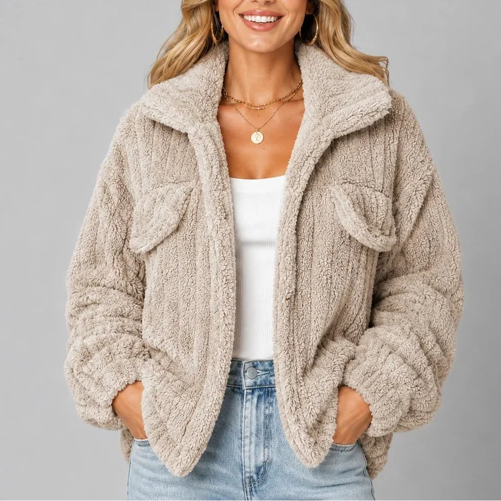 Teddy jas met brede kraag en ruime pasvorm voor dames in beige