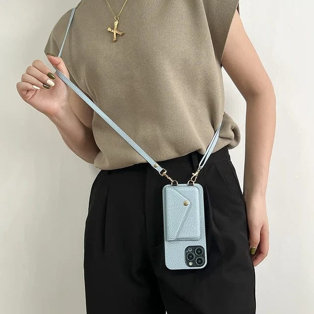 Telefoonhoesje met crossbody band en pasjeshouder voor dames in lichtblauw