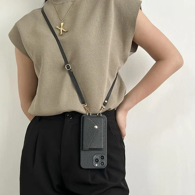 Telefoonhoesje met crossbody band en pasjeshouder voor dames in zwart