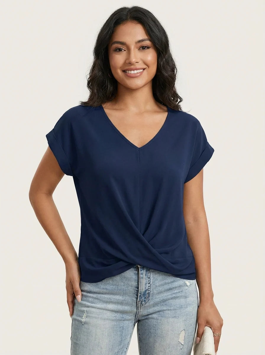 Top met drapering en V-hals voor dames in blauw