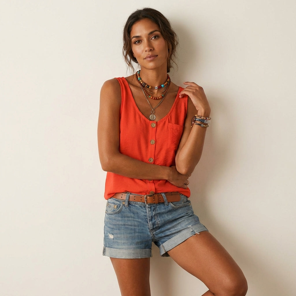 Top met knoopdetail en ronde hals in oranje