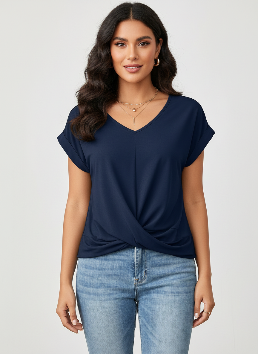 Top met V-hals en korte mouwen in blauw