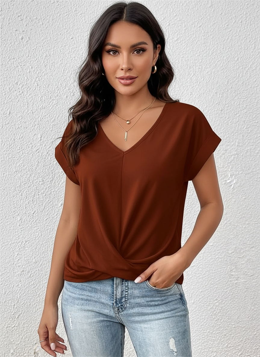 Top met v-hals en overslagdetail in rood