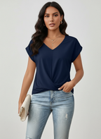 Top met v-hals en overslagdetail in blauw