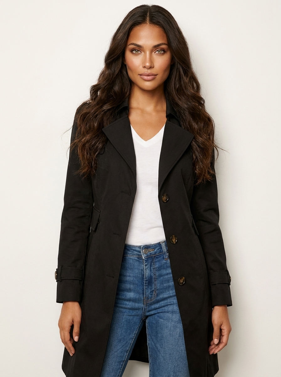Trenchcoat met getailleerde pasvorm en knoopsluiting voor dames in zwart