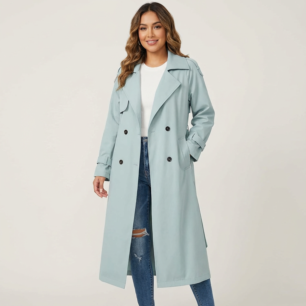 Lange trenchcoat met reverskraag en tailleceintuur voor dames in blauw