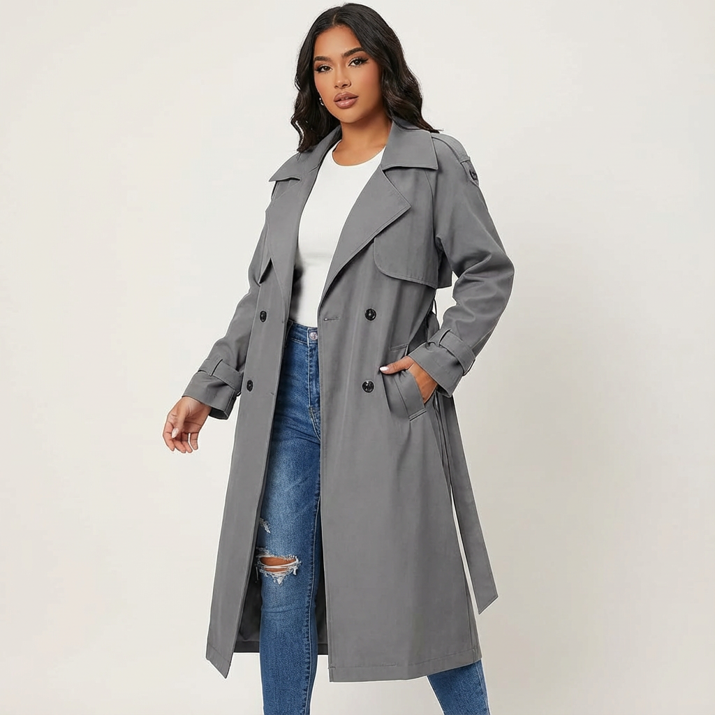 Lange trenchcoat met reverskraag en tailleceintuur voor dames in grijs