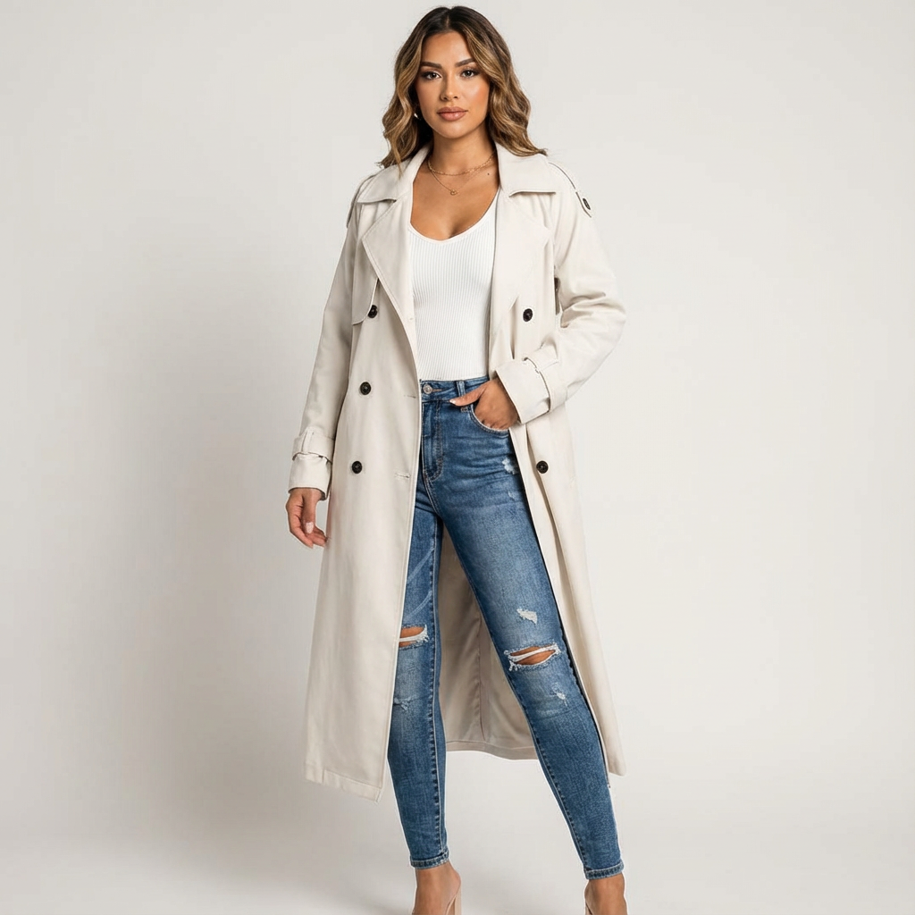 Lange trenchcoat met reverskraag en tailleceintuur voor dames