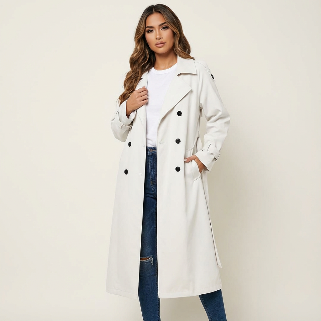 Lange trenchcoat met reverskraag en tailleceintuur voor dames in wit