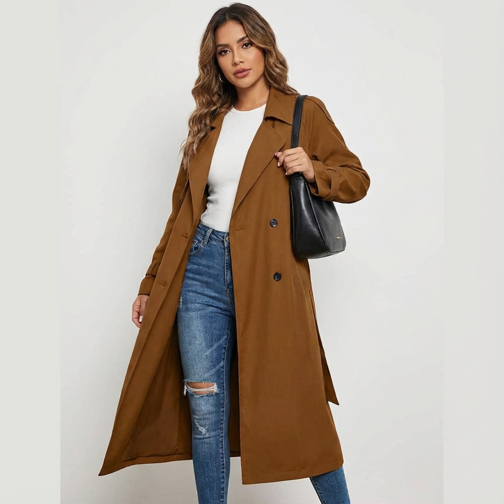 Lange trenchcoat met reverskraag en tailleceintuur voor dames in bruin