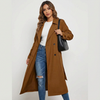 Lange trenchcoat met reverskraag en tailleceintuur voor dames in bruin