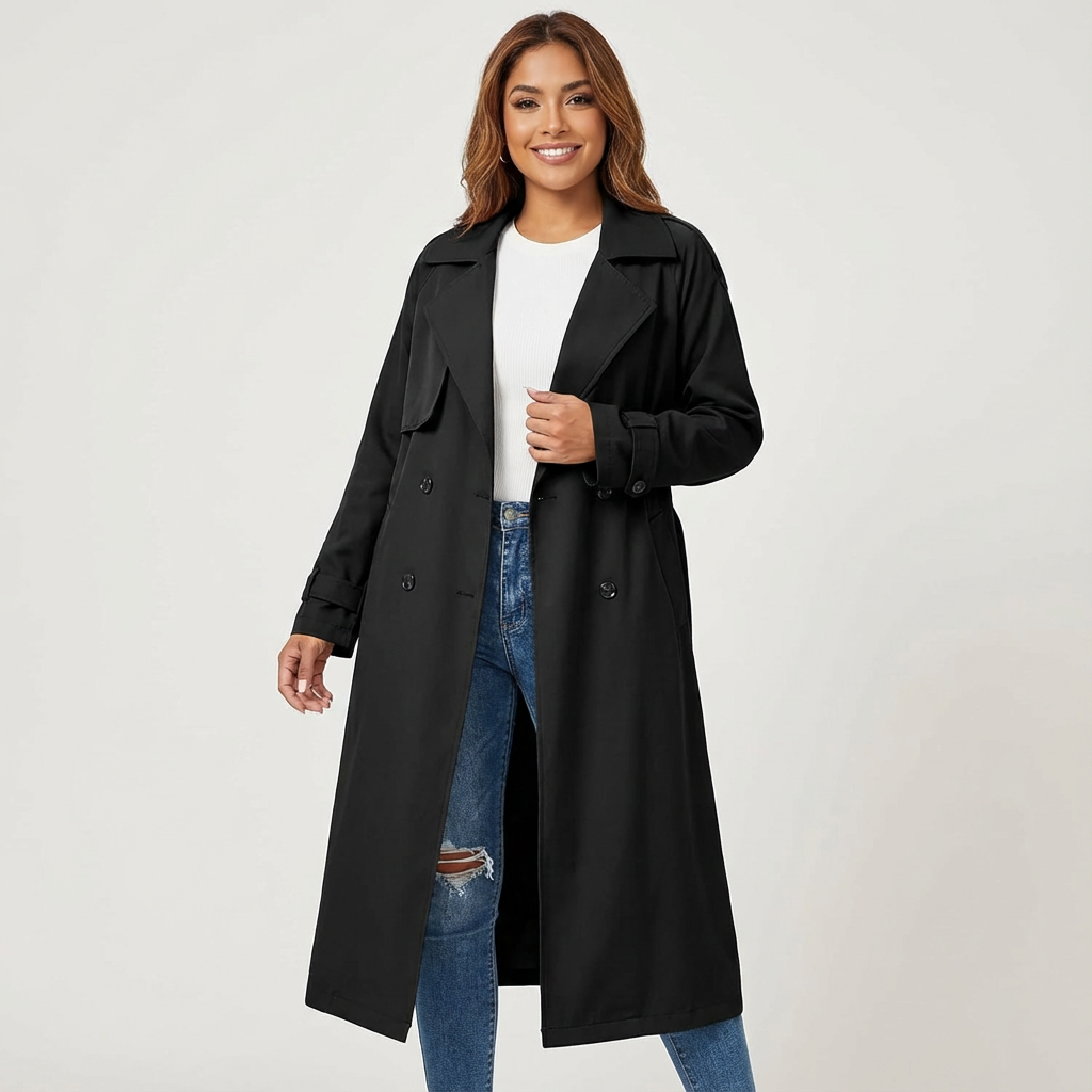 Lange trenchcoat met reverskraag en tailleceintuur voor dames in zwart