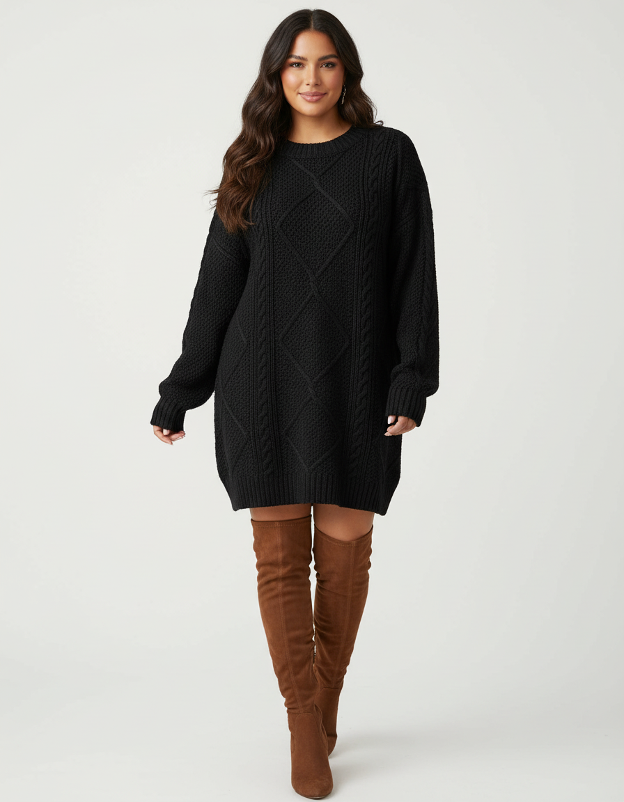 Trui jurk met kabelstructuur en oversized pasvorm voor dames in zwart