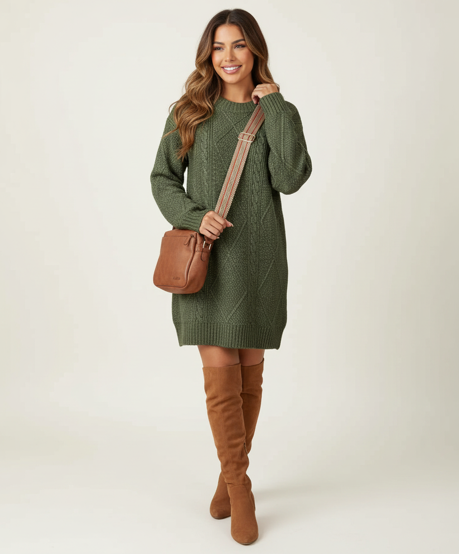 Trui jurk met kabelstructuur en oversized pasvorm voor dames in groen