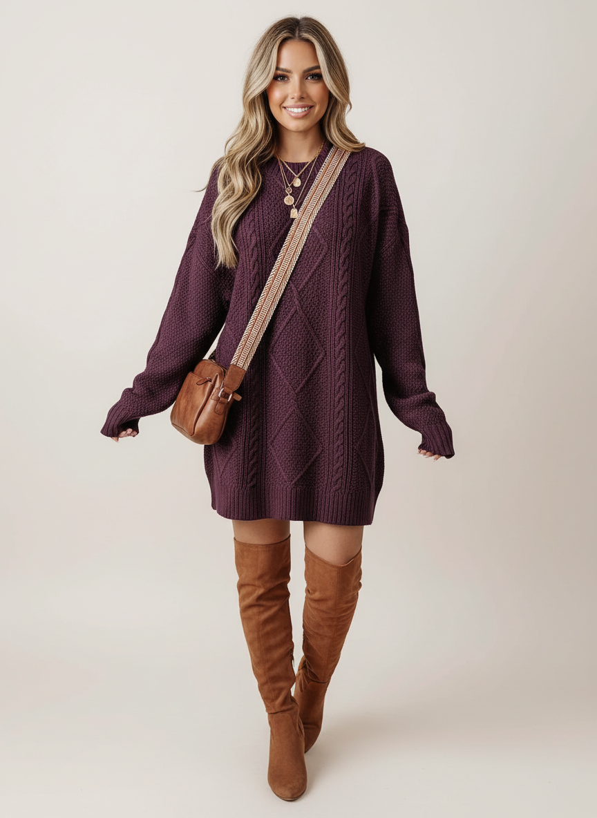 Trui jurk met kabelstructuur en oversized pasvorm voor dames in violet