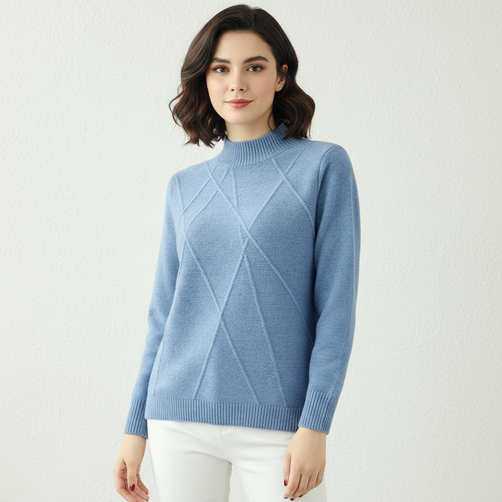 Trui met hoge hals en ribgebreide afwerking voor dames in blauw