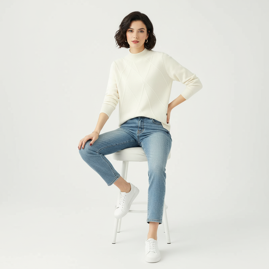 Trui met hoge hals en ribgebreide afwerking voor dames in creme