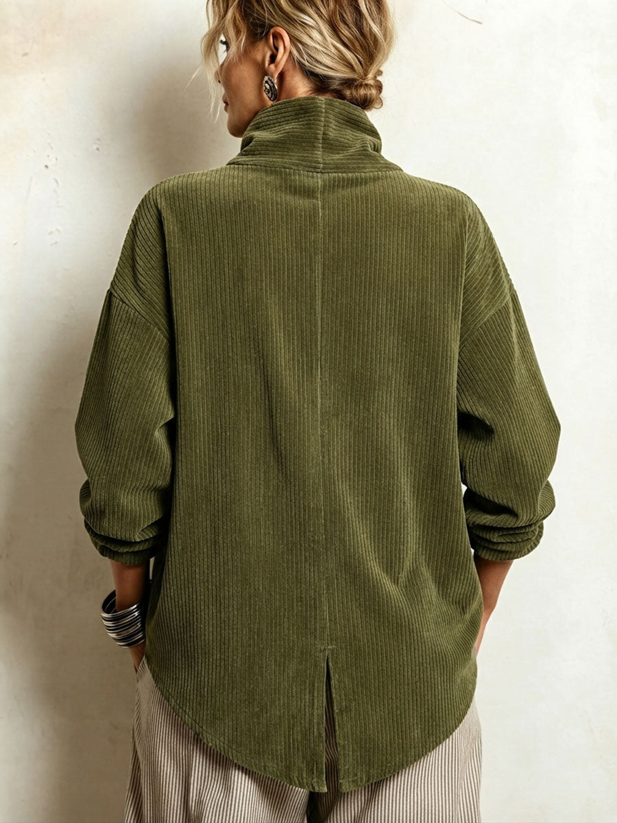 Trui van ribfluweel met diagonale knoopsluiting voor dames