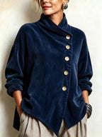 Trui van ribfluweel met diagonale knoopsluiting voor dames in marineblauw