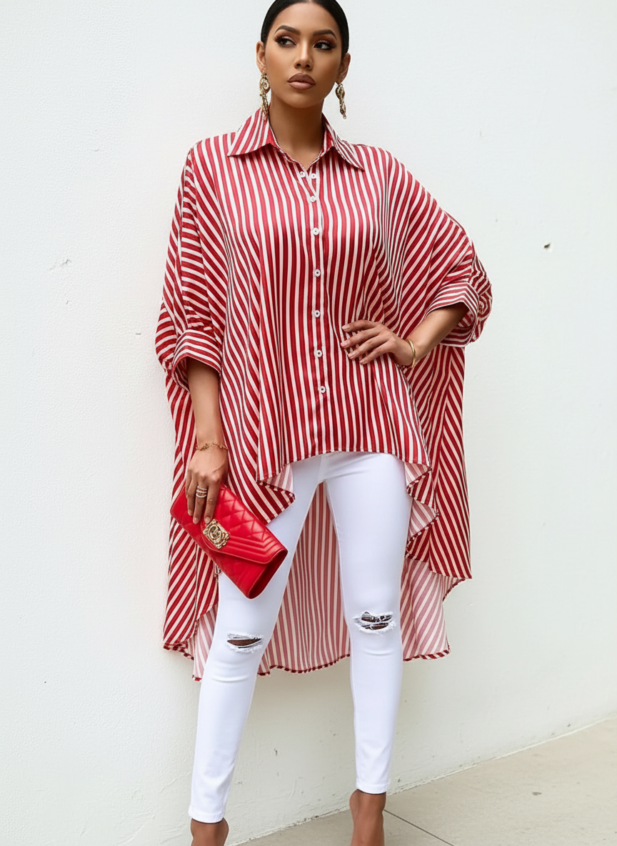 Tuniek met verticale strepen en high-low zoom voor dames in rood