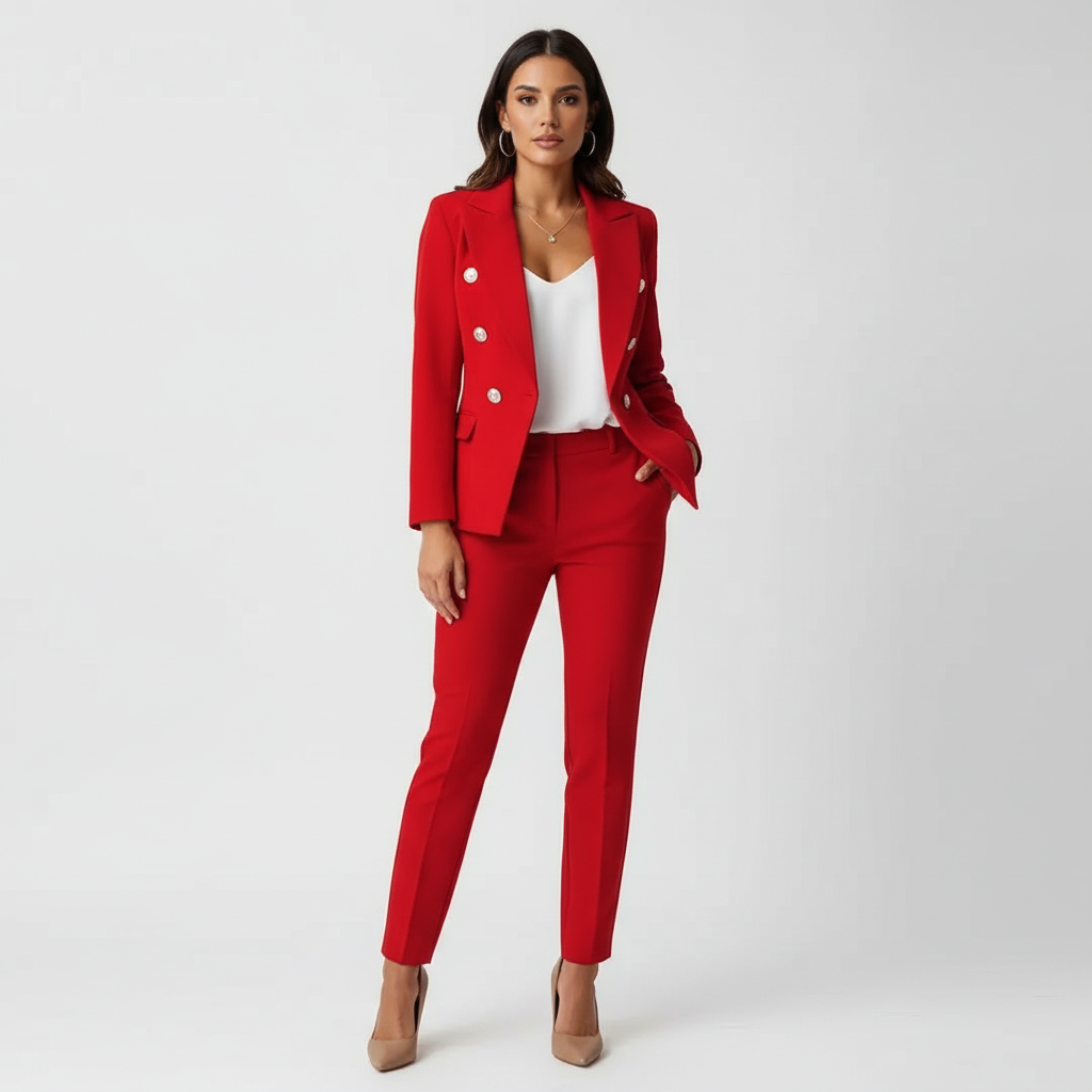Tweedelig pak met getailleerde blazer en knoopdetails voor dames in rood