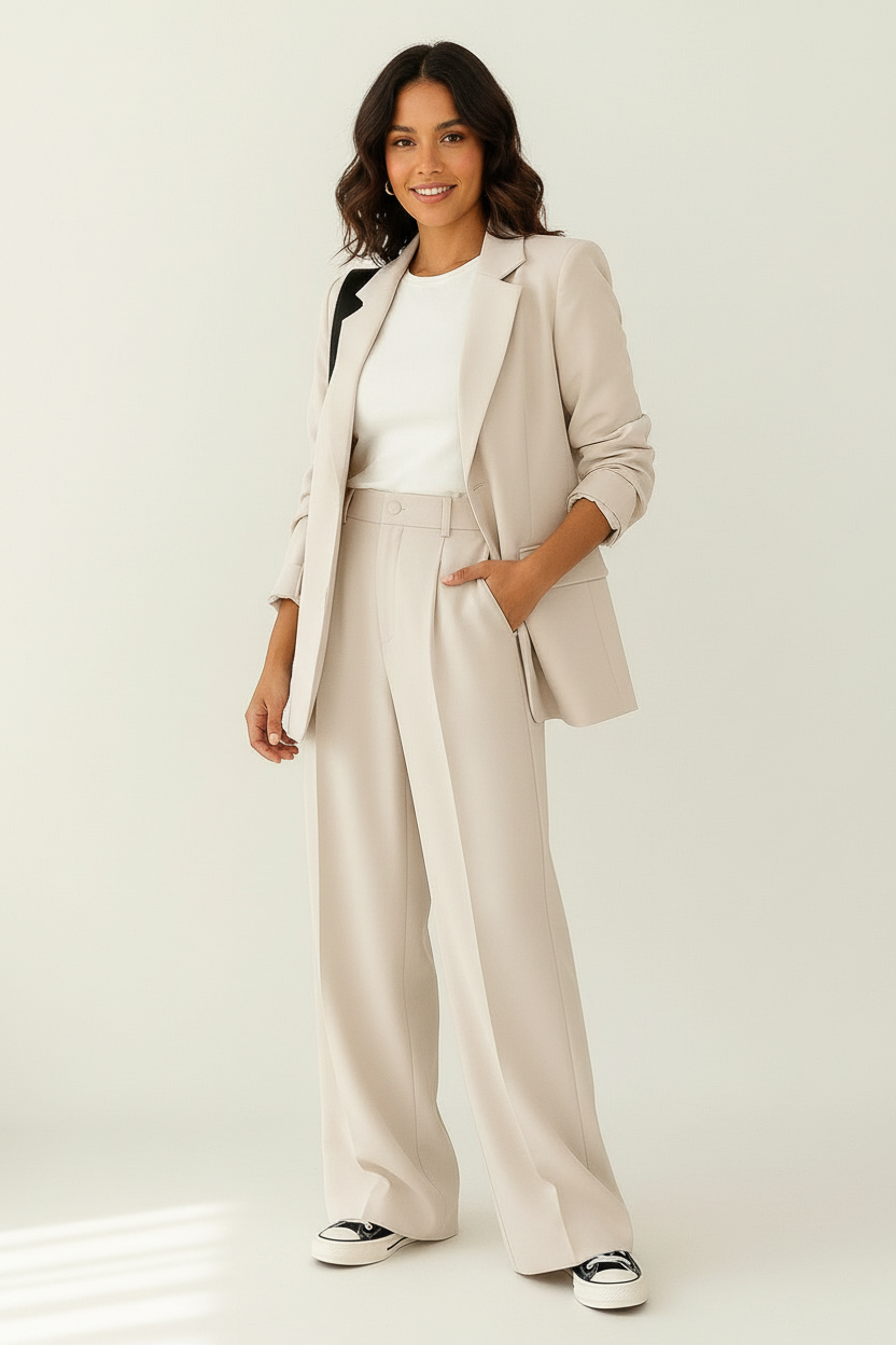 Tweedelige blazerset met wijde pantalon voor dames in wit