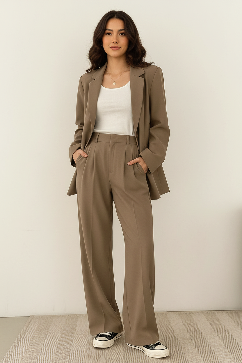 Tweedelige blazerset met wijde pantalon voor dames in khaki