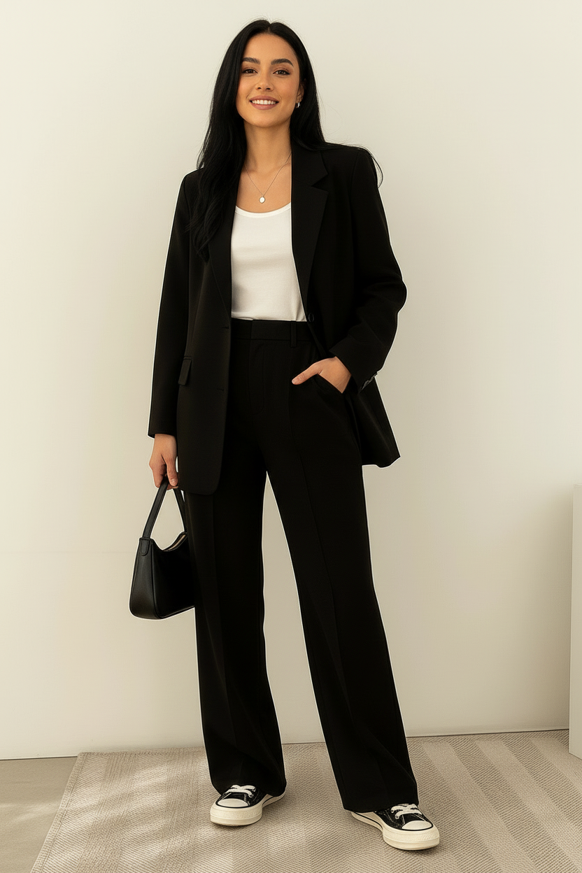 Tweedelige blazerset met wijde pantalon voor dames in zwart