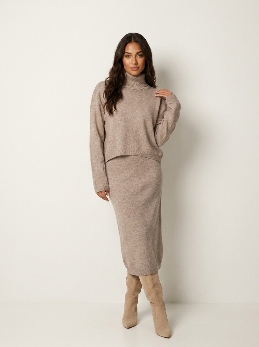 Tweedelige gebreide set met midi-jurk en trui voor dames in beige