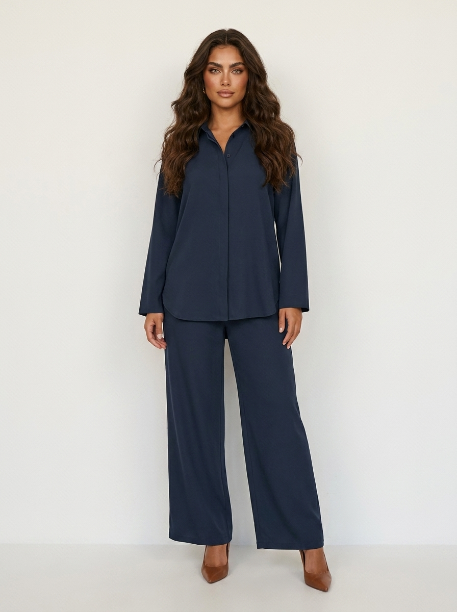 Tweedelige loungeset met blouse en wijde broek voor dames in marine blauw