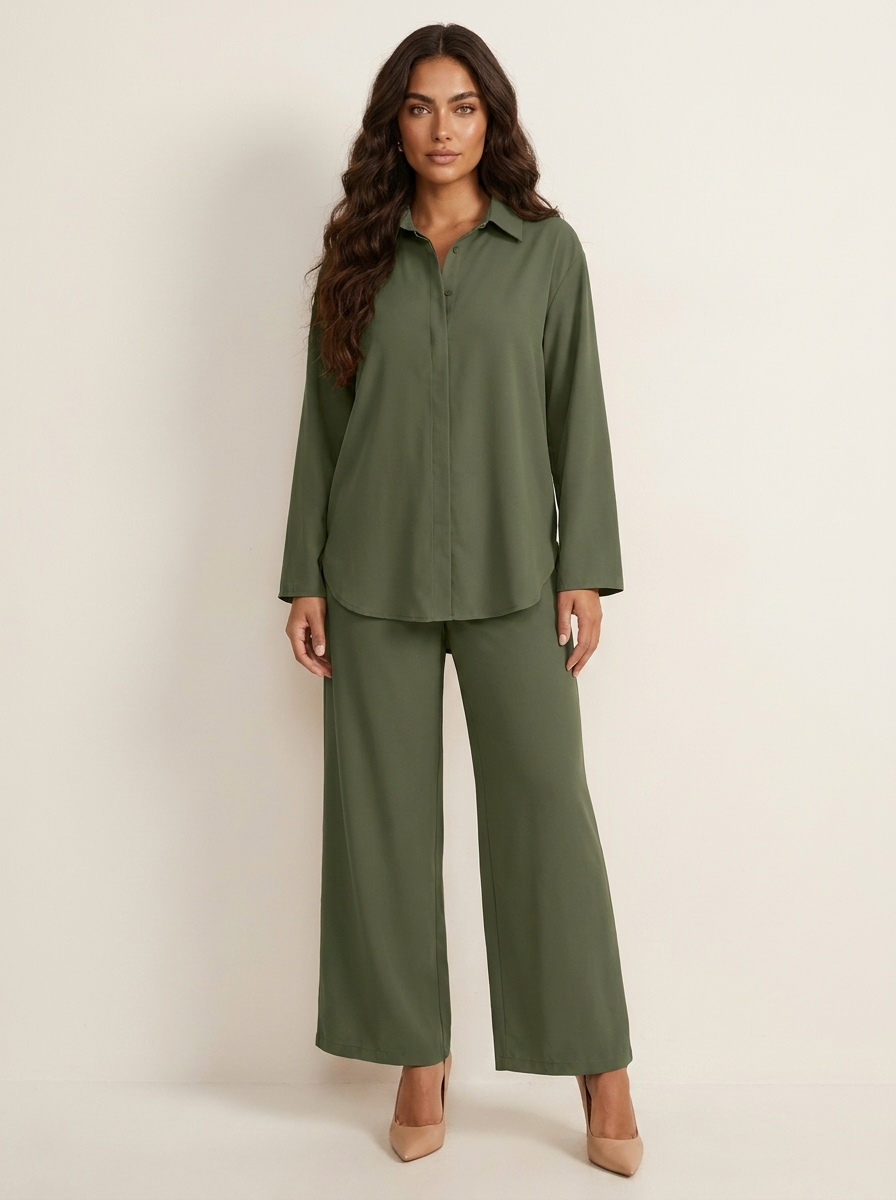 Tweedelige loungeset met blouse en wijde broek voor dames in groen