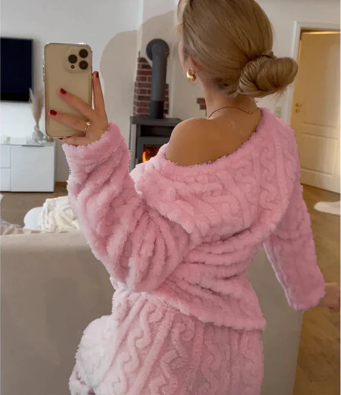 Tweedelige pyjamaset van coral fleece met relaxte pasvorm voor dames in roze