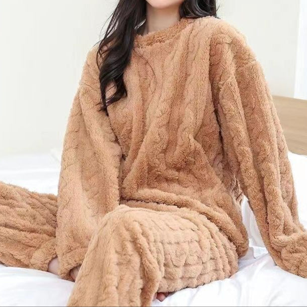 Tweedelige pyjamaset van coral fleece met relaxte pasvorm voor dames in bruin