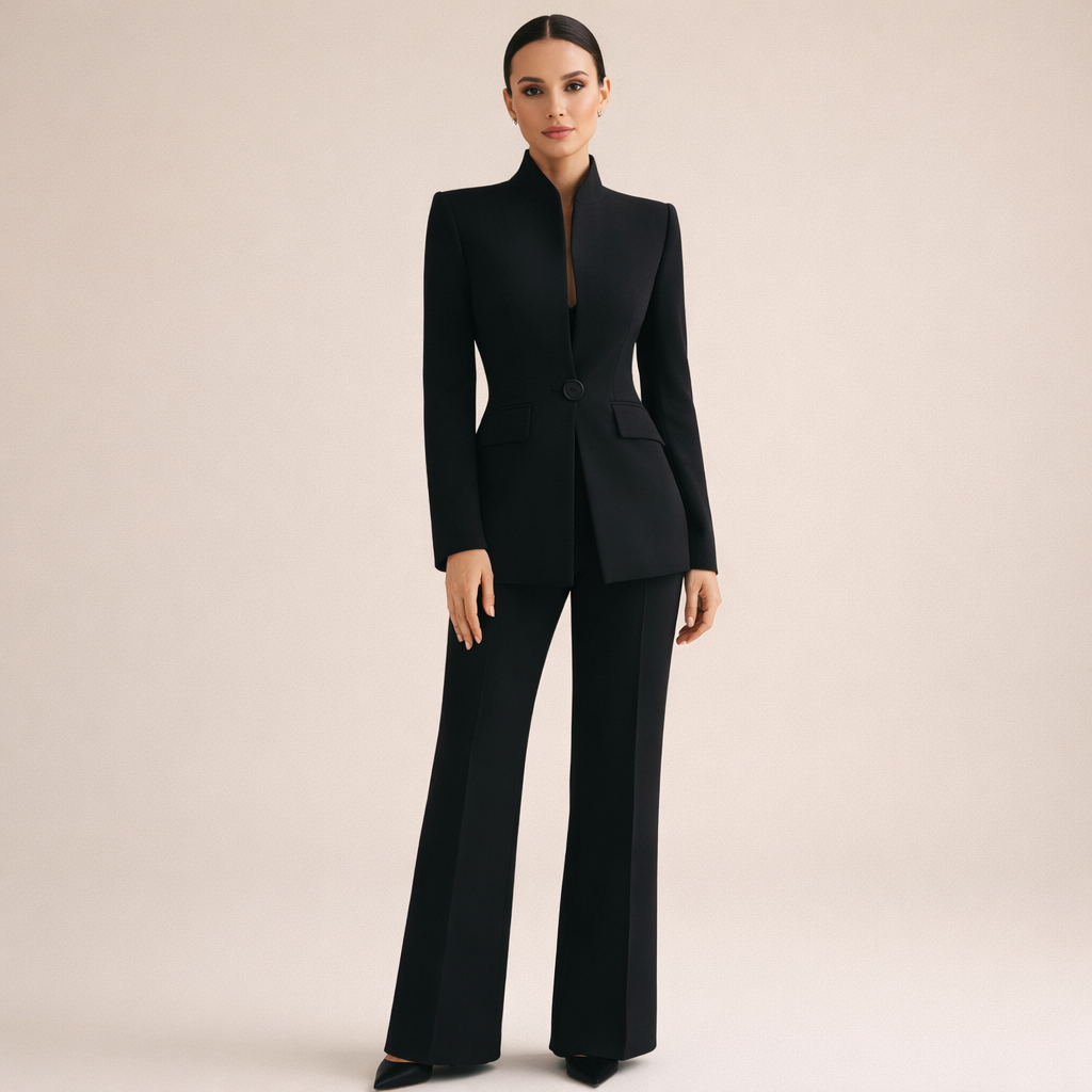 Tweedelige set met colbert zonder kraag en rechte broek voor dames in zwart
