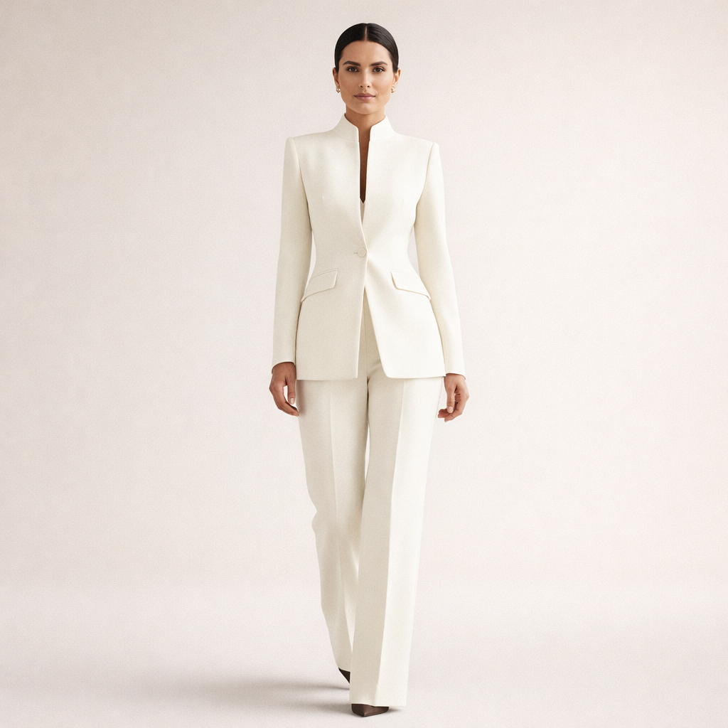 Tweedelige set met colbert zonder kraag en rechte broek voor dames in wit