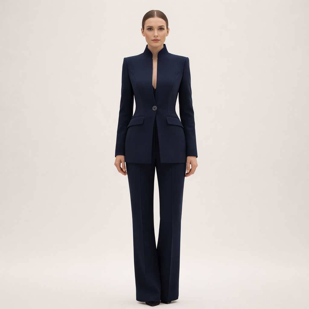 Tweedelige set met colbert zonder kraag en rechte broek voor dames in marineblauw