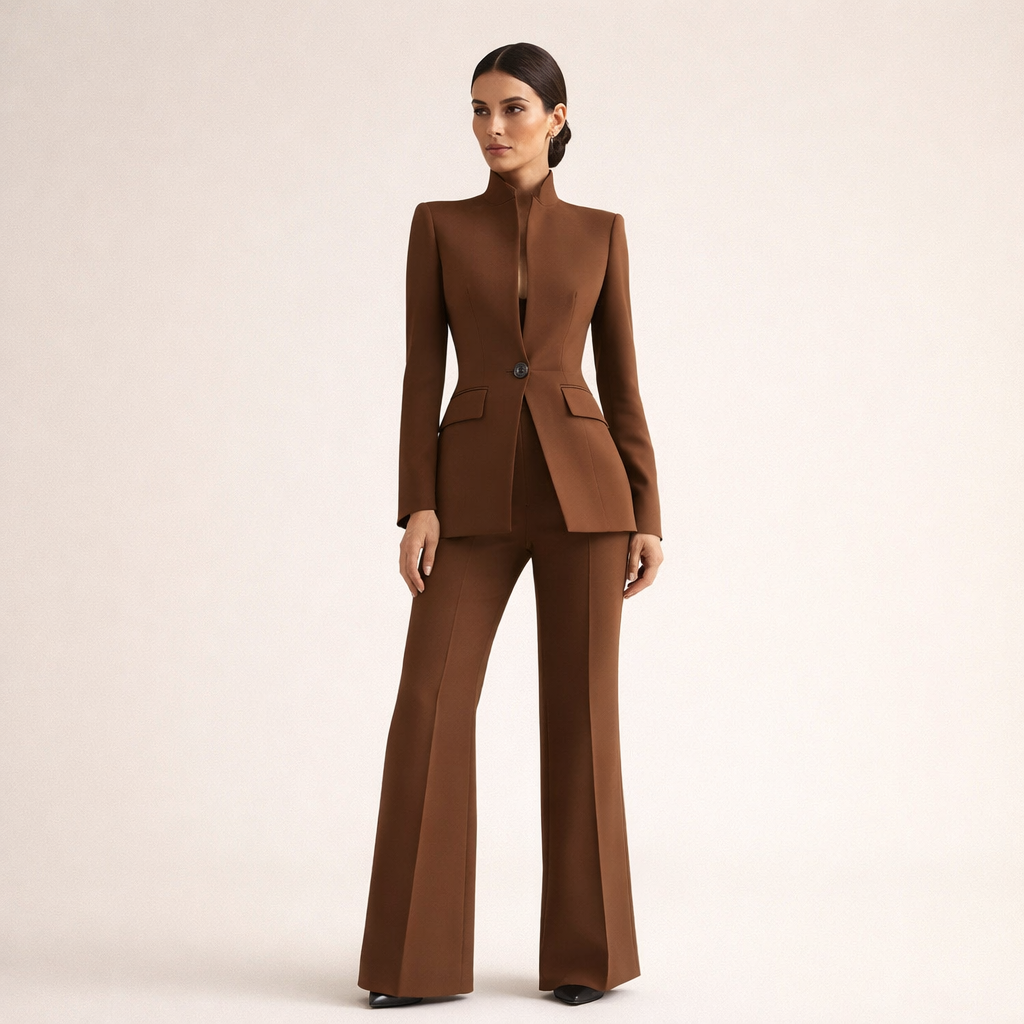Tweedelige set met colbert zonder kraag en rechte broek voor dames in bruin