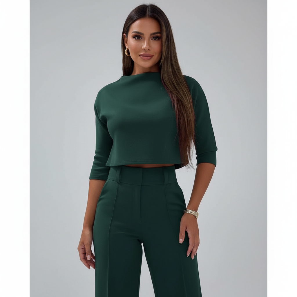 Tweedelige set met cropped top en high-waist broek voor dames in groen