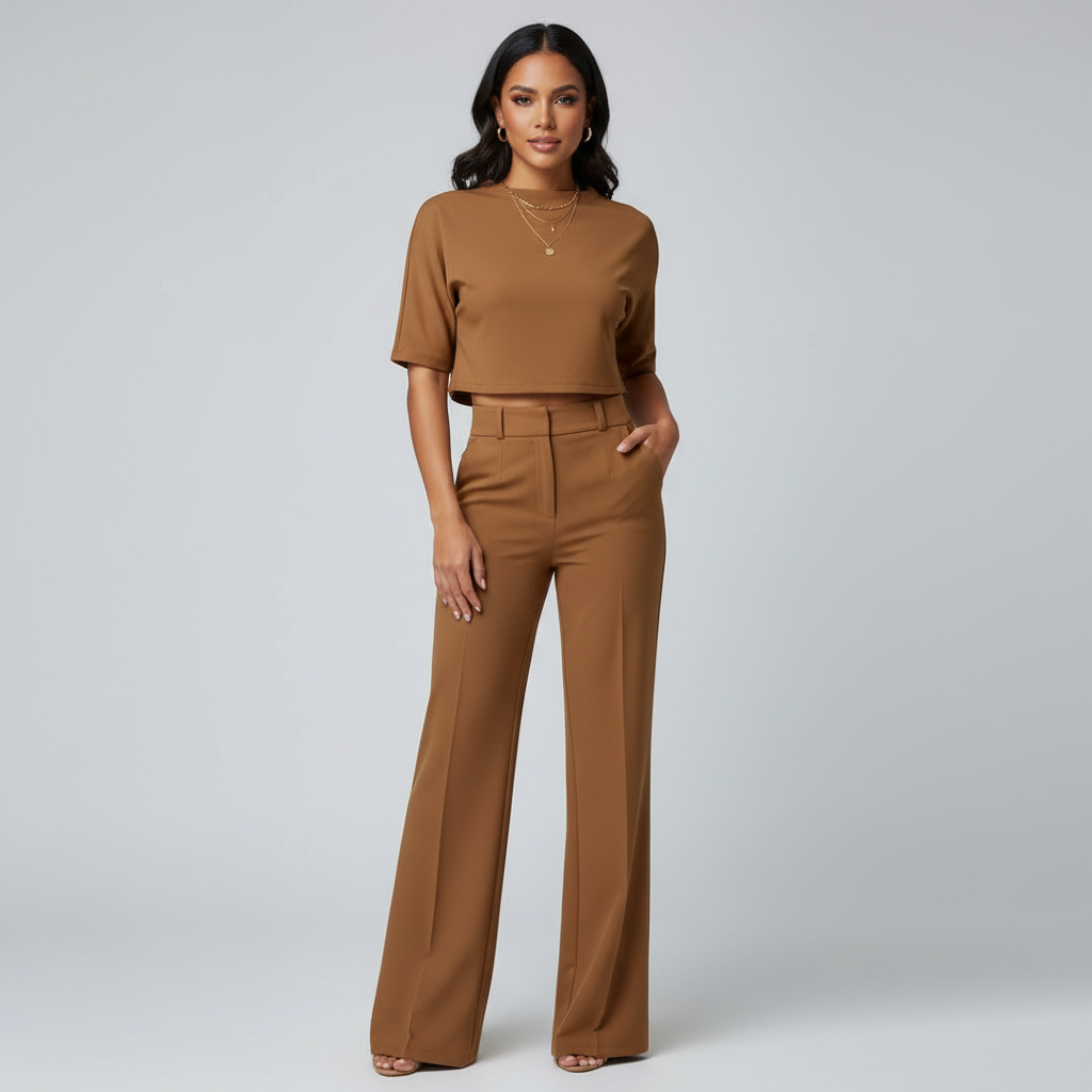 Tweedelige set met cropped top en high-waist broek voor dames in bruin