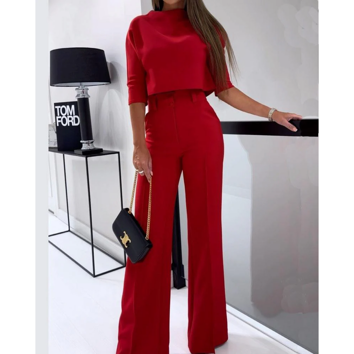 Tweedelige set met cropped top en high-waist broek voor dames in rood