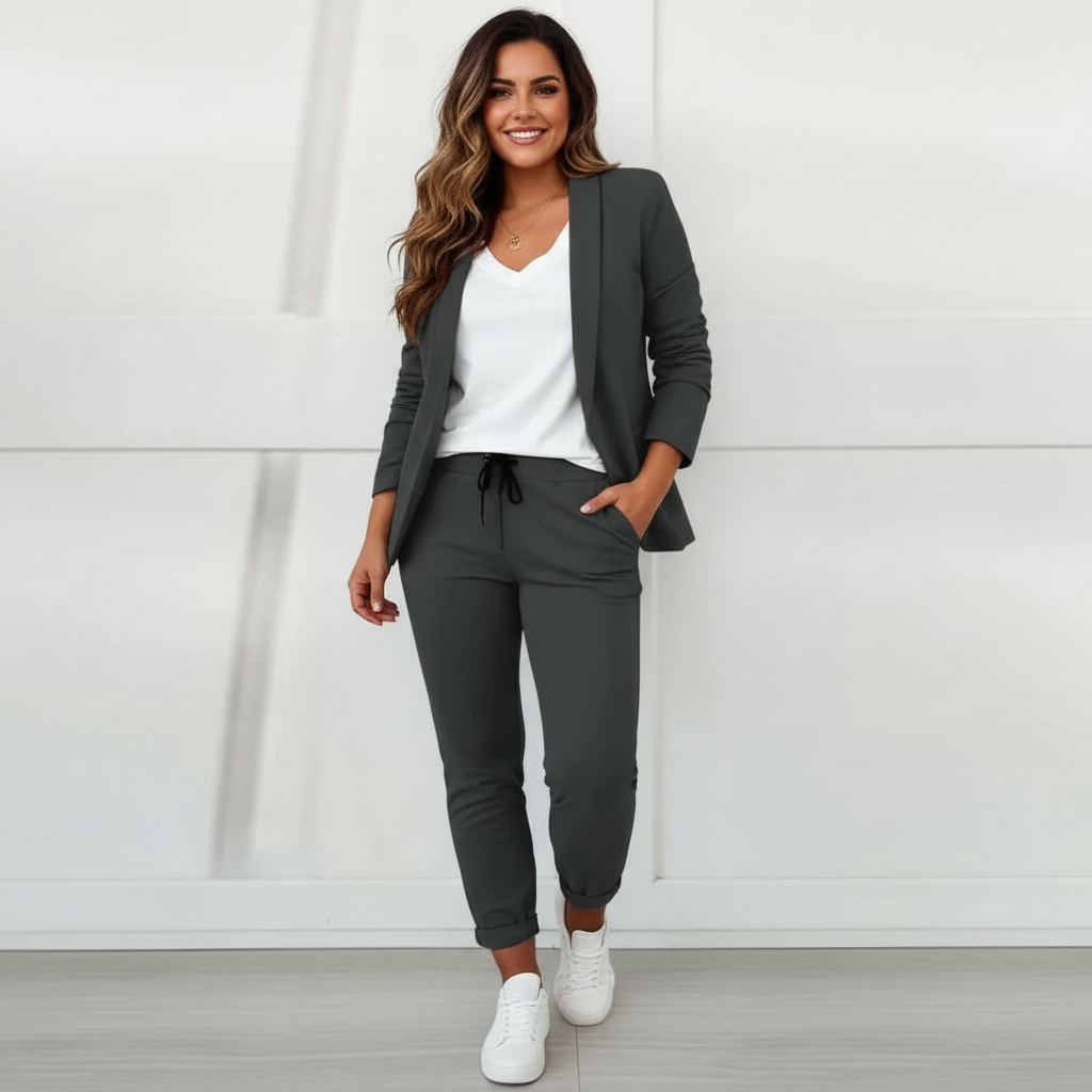Tweedelige set met blazer en pantalon voor dames in donkergrijs