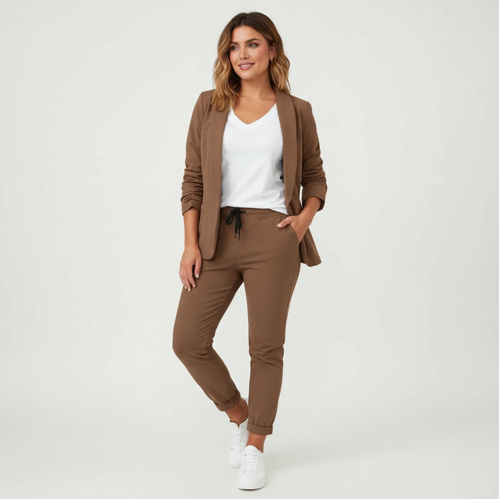 Tweedelige set met blazer en pantalon voor dames in bruin