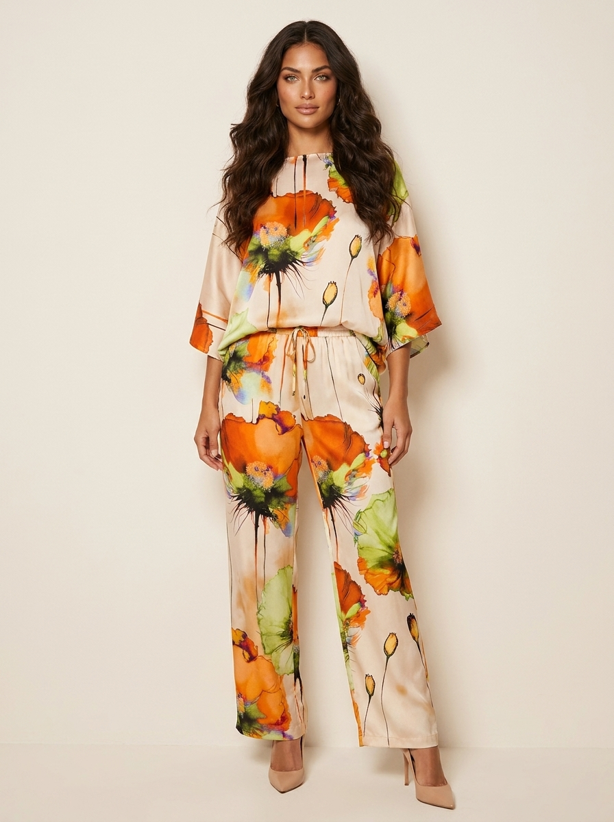 Tweedelige set met artistieke bloemenprint voor dames in oranje