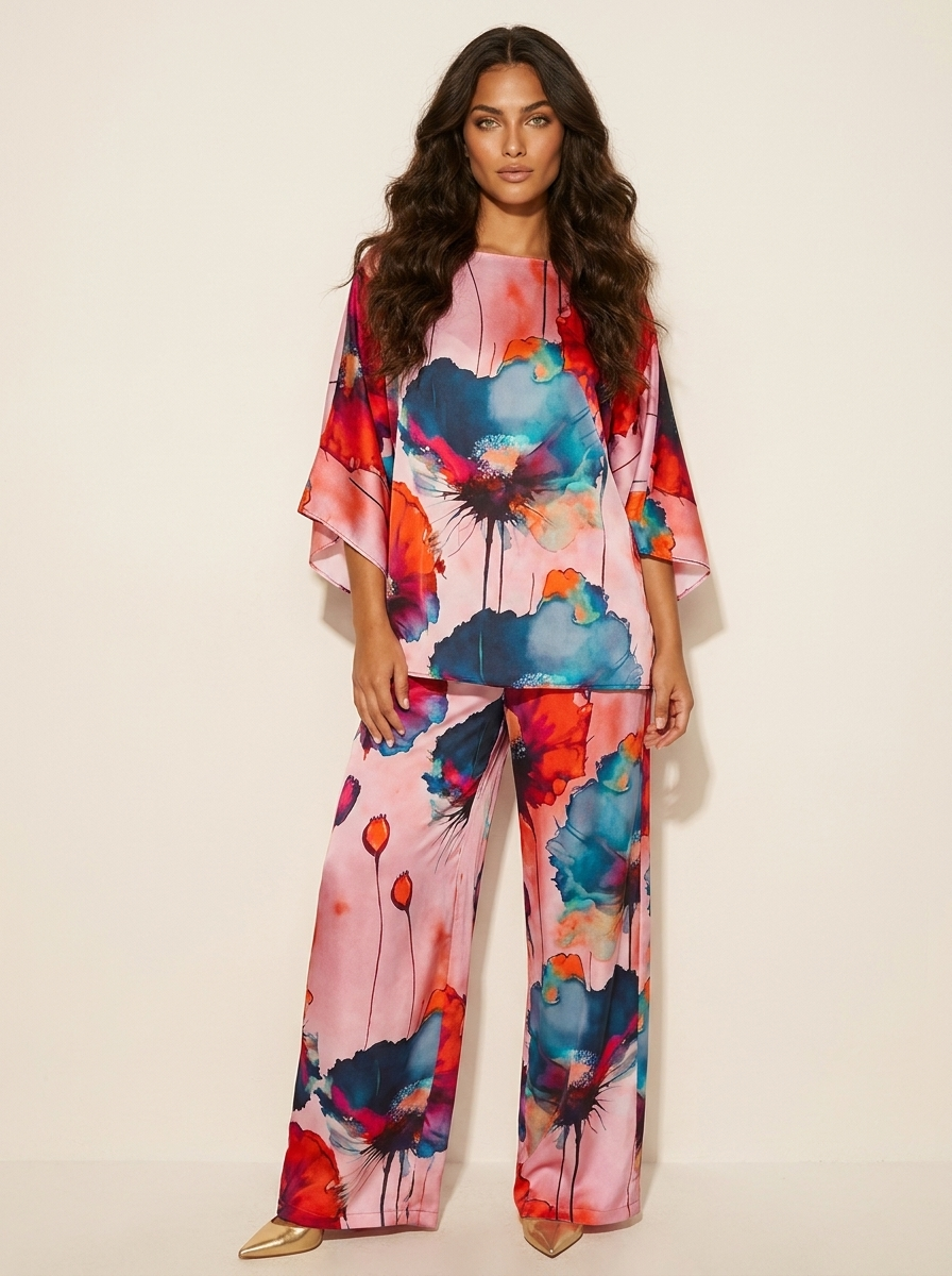 Tweedelige set met artistieke bloemenprint voor dames in rood