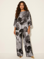 Tweedelige set met artistieke bloemenprint voor dames in grijs